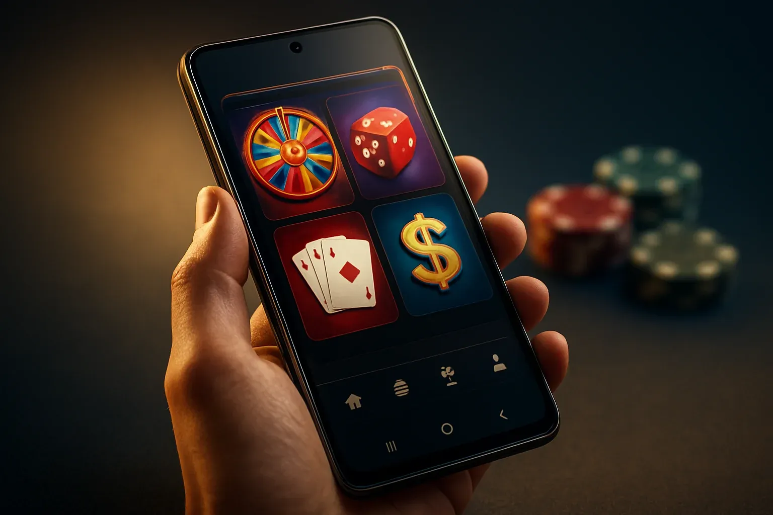 Flagship Android smartphone displaying premium casino app interface in dramatic lighting