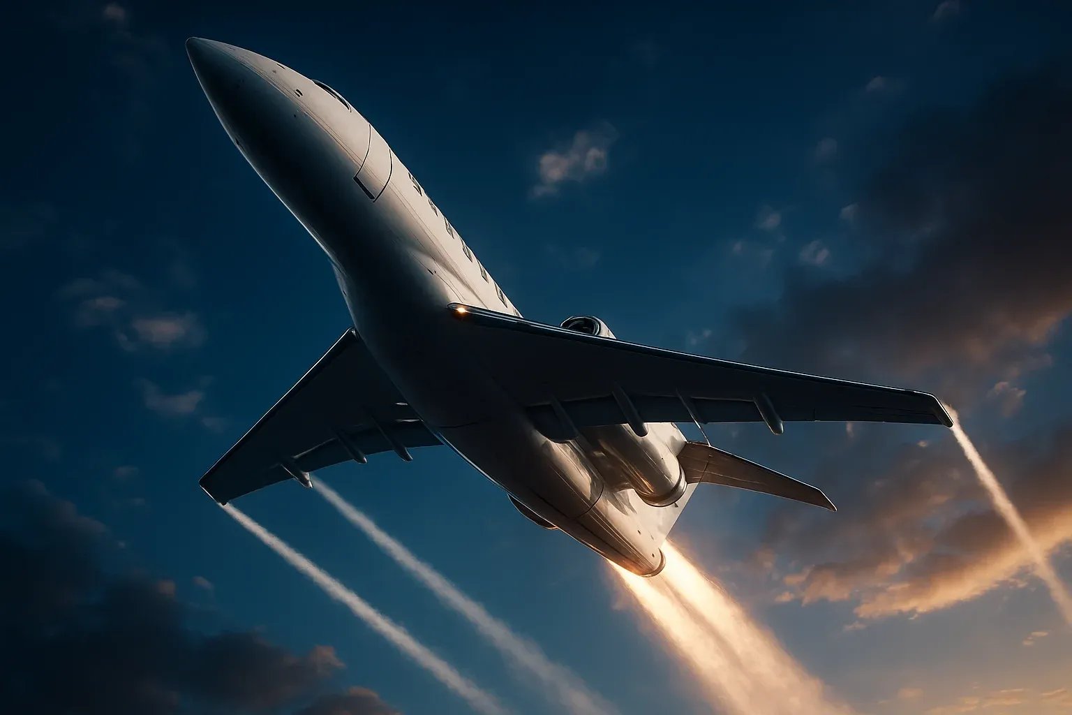 Hyperrealistic white jet aircraft climbing steeply in dramatic blue sky