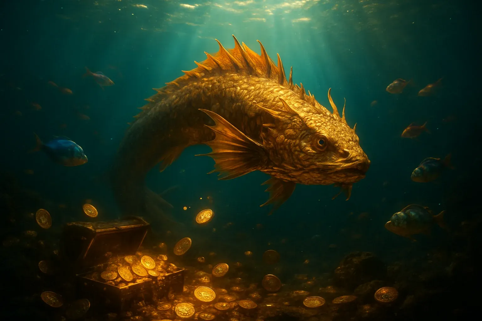 Massive golden dragon fish underwater with glowing coins and treasure