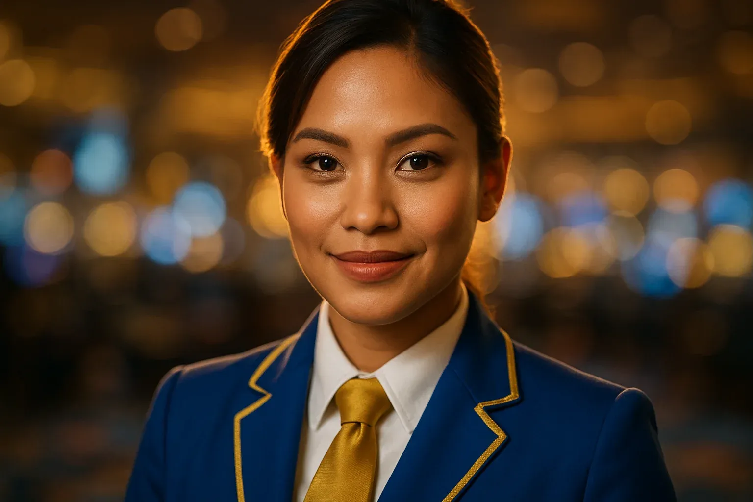 Hyperrealistic close-up portrait of glamorous Filipino casino dealer smiling confidently