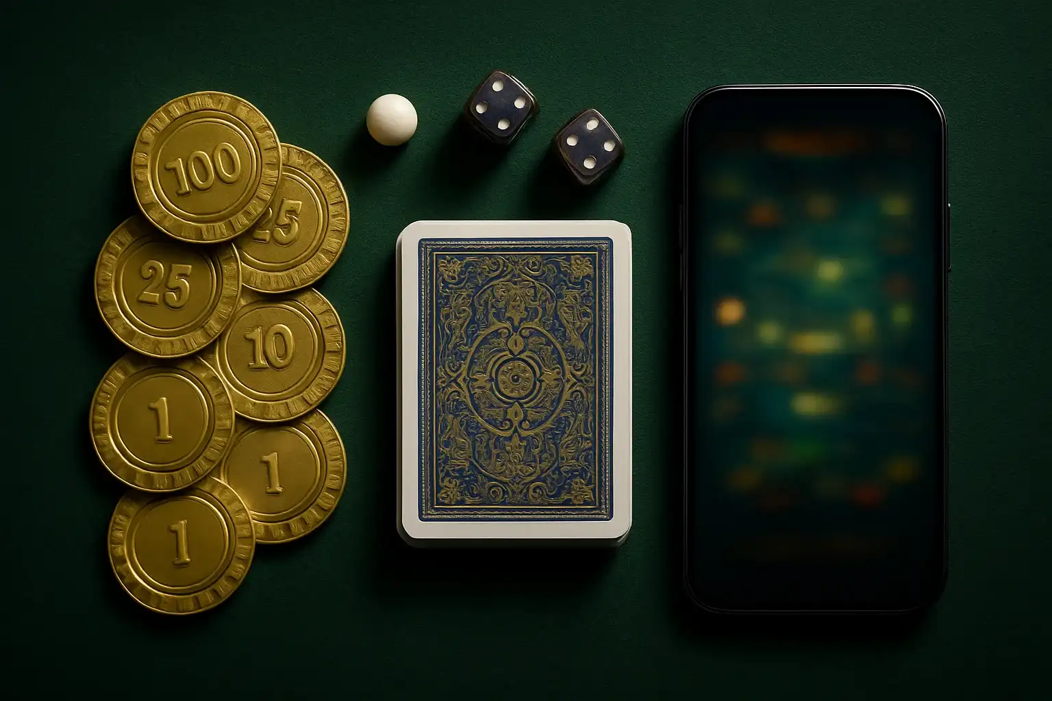 Top-down casino table with gold chips, cards, dice, roulette ball, smartphone