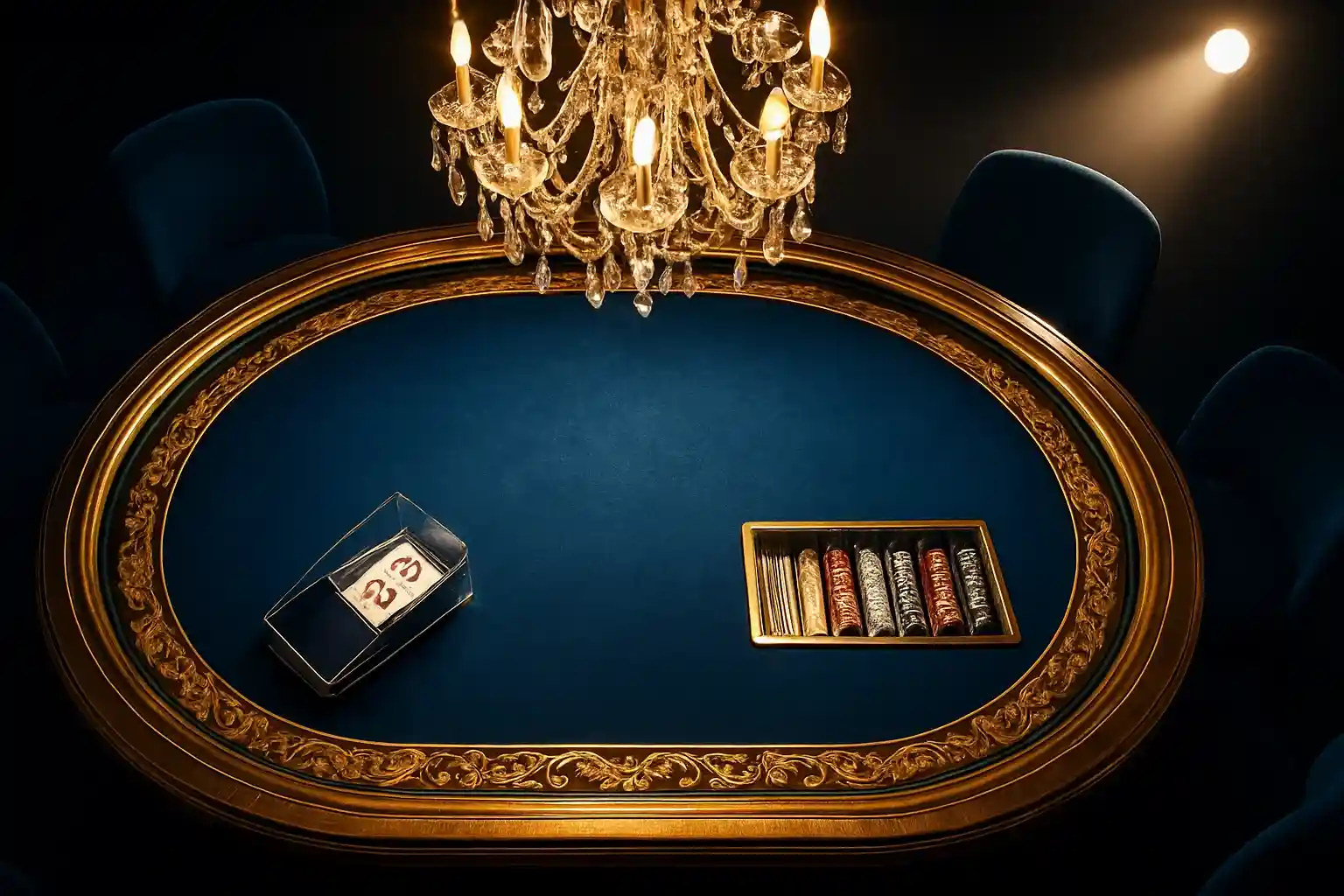 Hyperrealistic live baccarat studio in the Philippines with blue felt and gold trim