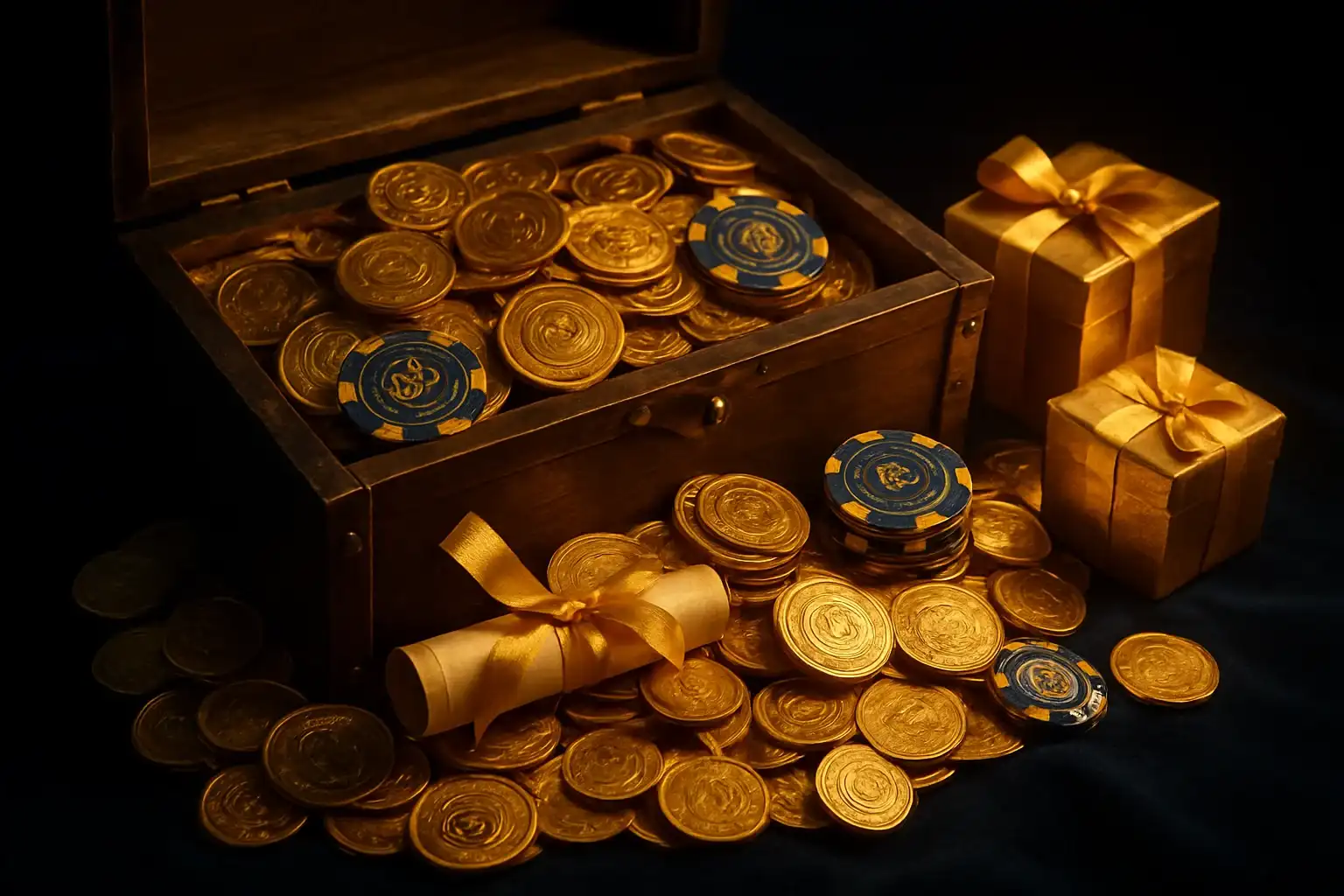 Overflowing treasure chest with gold coins, casino chips, vouchers, and gifts