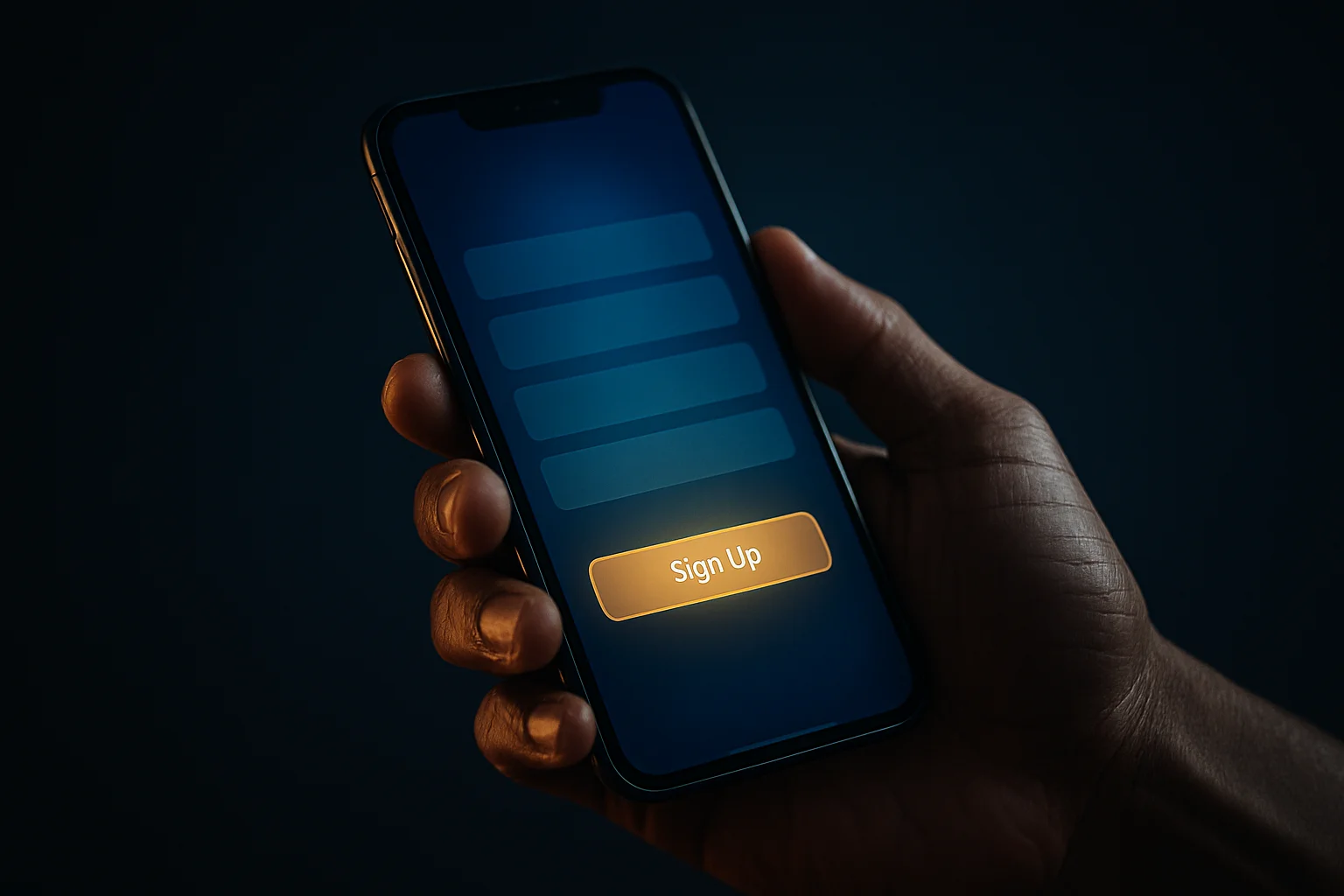Filipino man holding smartphone with glowing registration screen interface