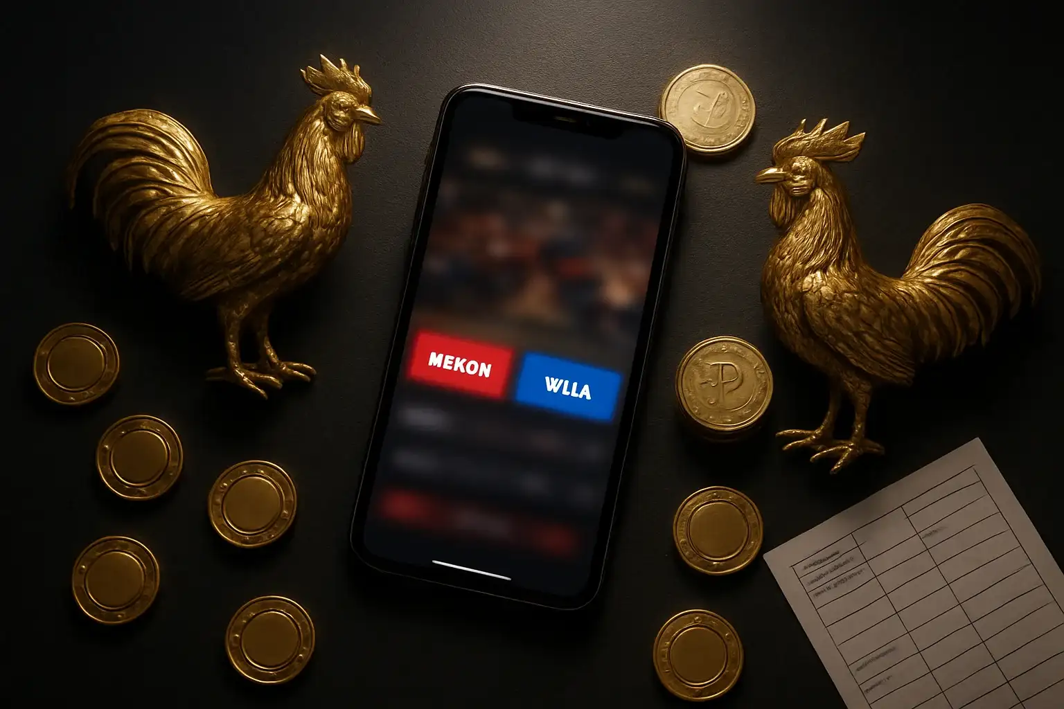 Smartphone with sabong betting interface, golden roosters, coins, and chips