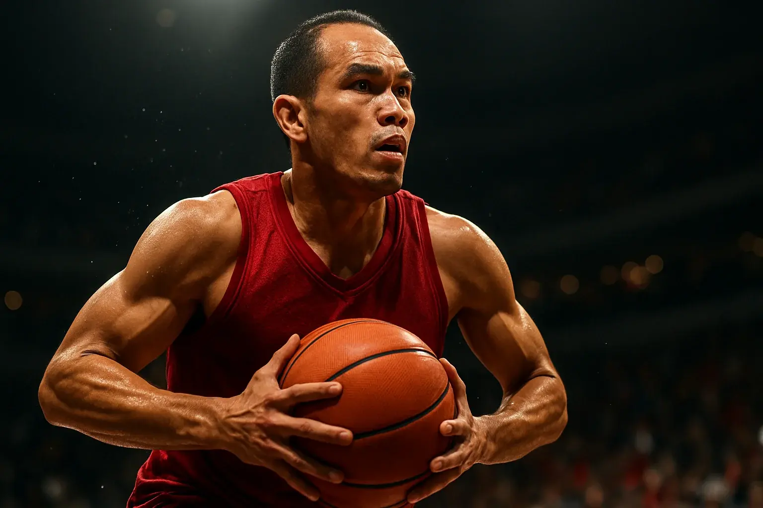 Filipino PBA basketball player mid-air driving powerfully toward the basket